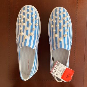 Zara Blue and White Striped Pearl Platform Vans Style Shoes